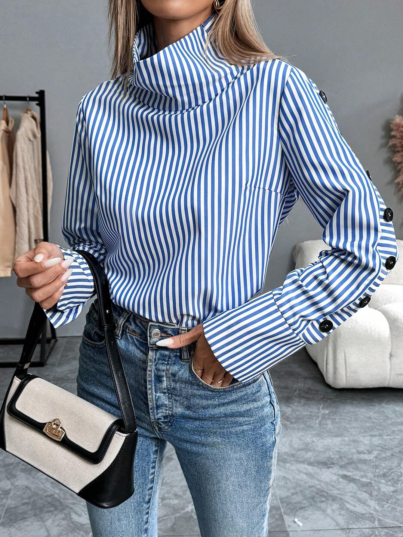 Chiquease Striped Casual Long Sleeve Turndown Collar Single-Breasted Blue Shirt Fall Cloth for Women