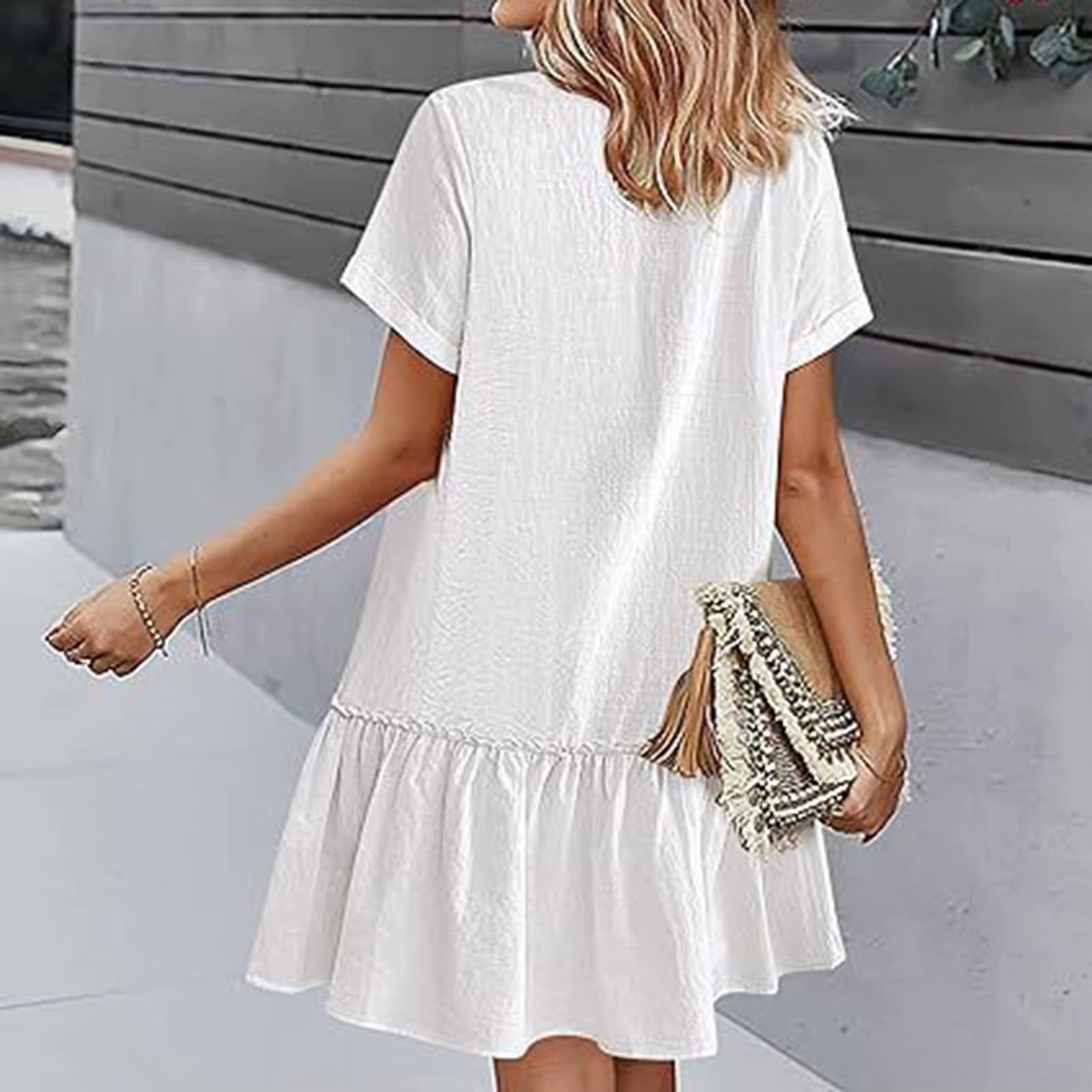 In Europe and the Spring and Summer Independent Stand V-Neck Button Small Broken Loose Women'S Leisure Dress with Short