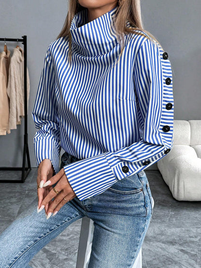 Chiquease Striped Casual Long Sleeve Turndown Collar Single-Breasted Blue Shirt Fall Cloth for Women