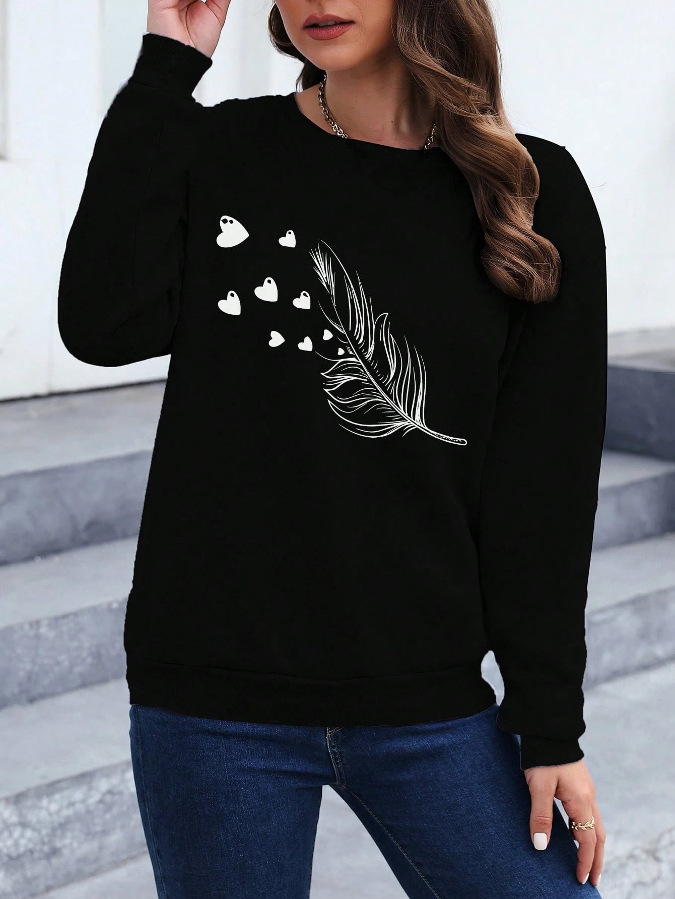 INAWLY Feather Print Drop Shoulder Sweatshirt,Long Sleeve Tops Pullover Fall Outfit