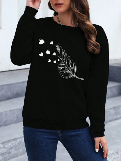 INAWLY Feather Print Drop Shoulder Sweatshirt,Long Sleeve Tops Pullover Fall Outfit