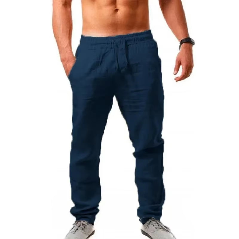 New Men'S Cotton Linen Pants Male Autumn New Breathable Solid Color Linen Trousers Fitness Streetwear S-3XL