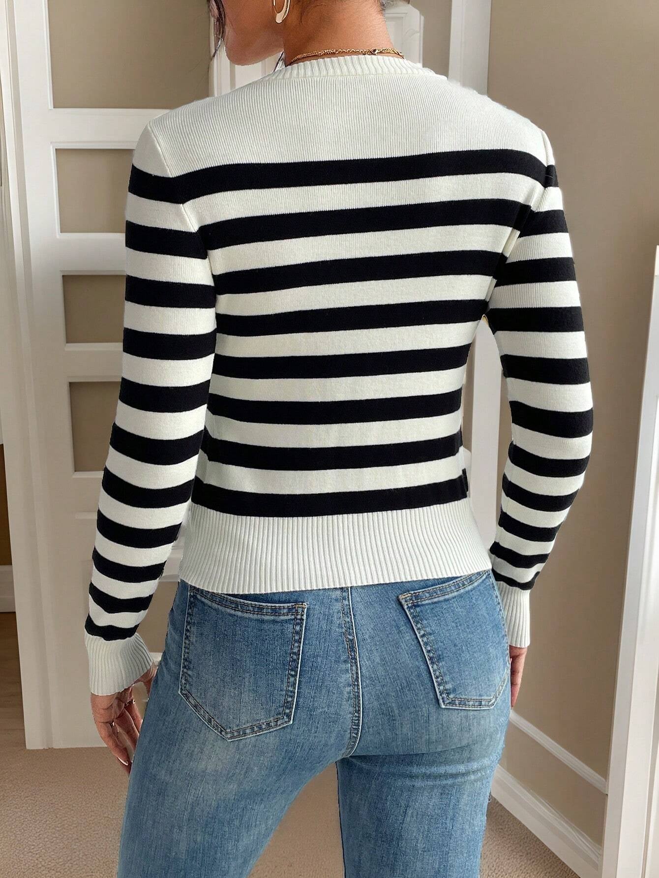 SHEIN Frenchy Striped Pattern Ribbed Knit Sweater,Long Sleeve Tops,Knitted Sweater in Fall/Winter Casual