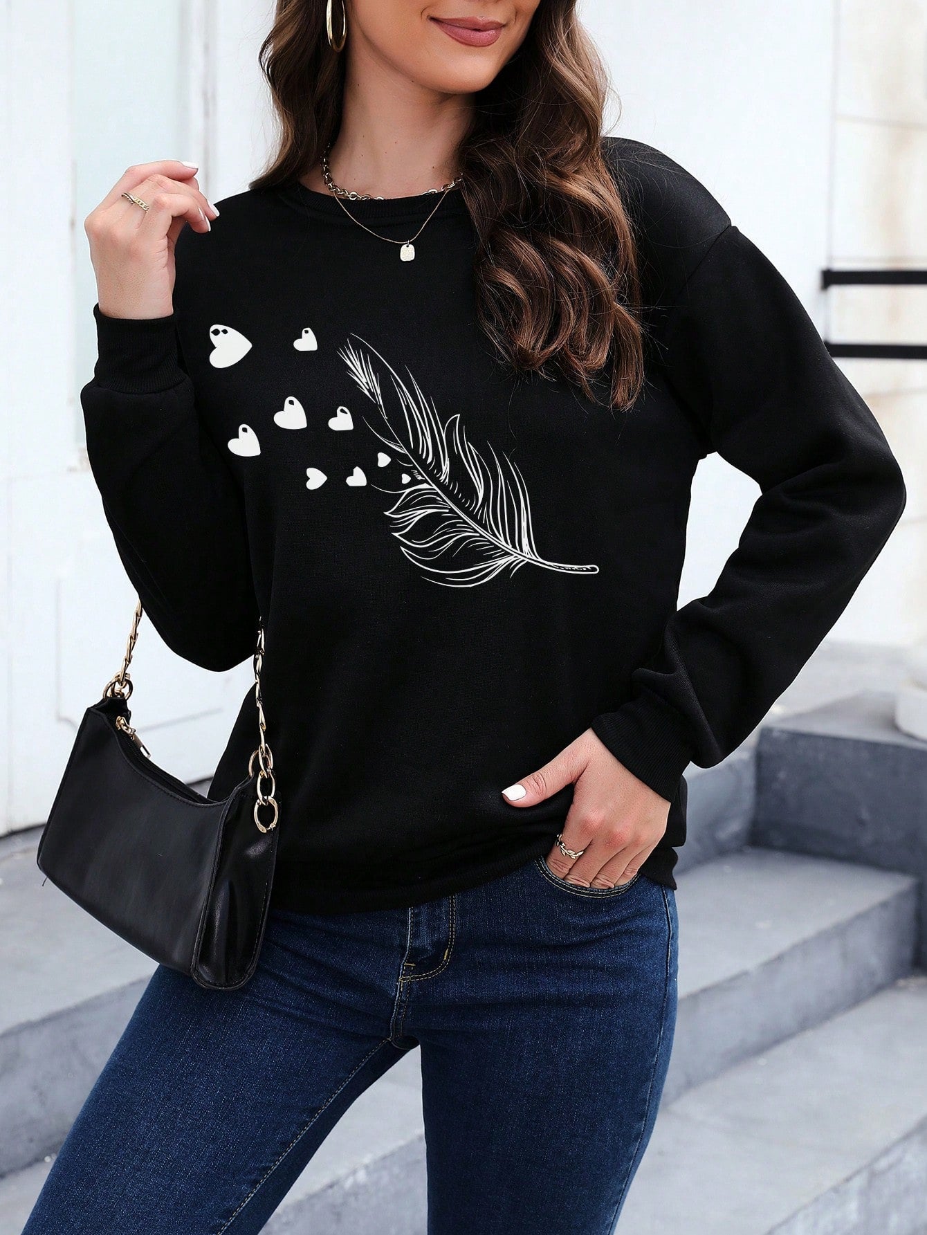 INAWLY Feather Print Drop Shoulder Sweatshirt,Long Sleeve Tops Pullover Fall Outfit