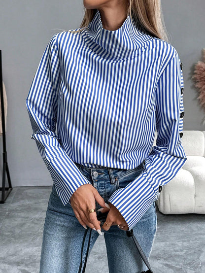 Chiquease Striped Casual Long Sleeve Turndown Collar Single-Breasted Blue Shirt Fall Cloth for Women