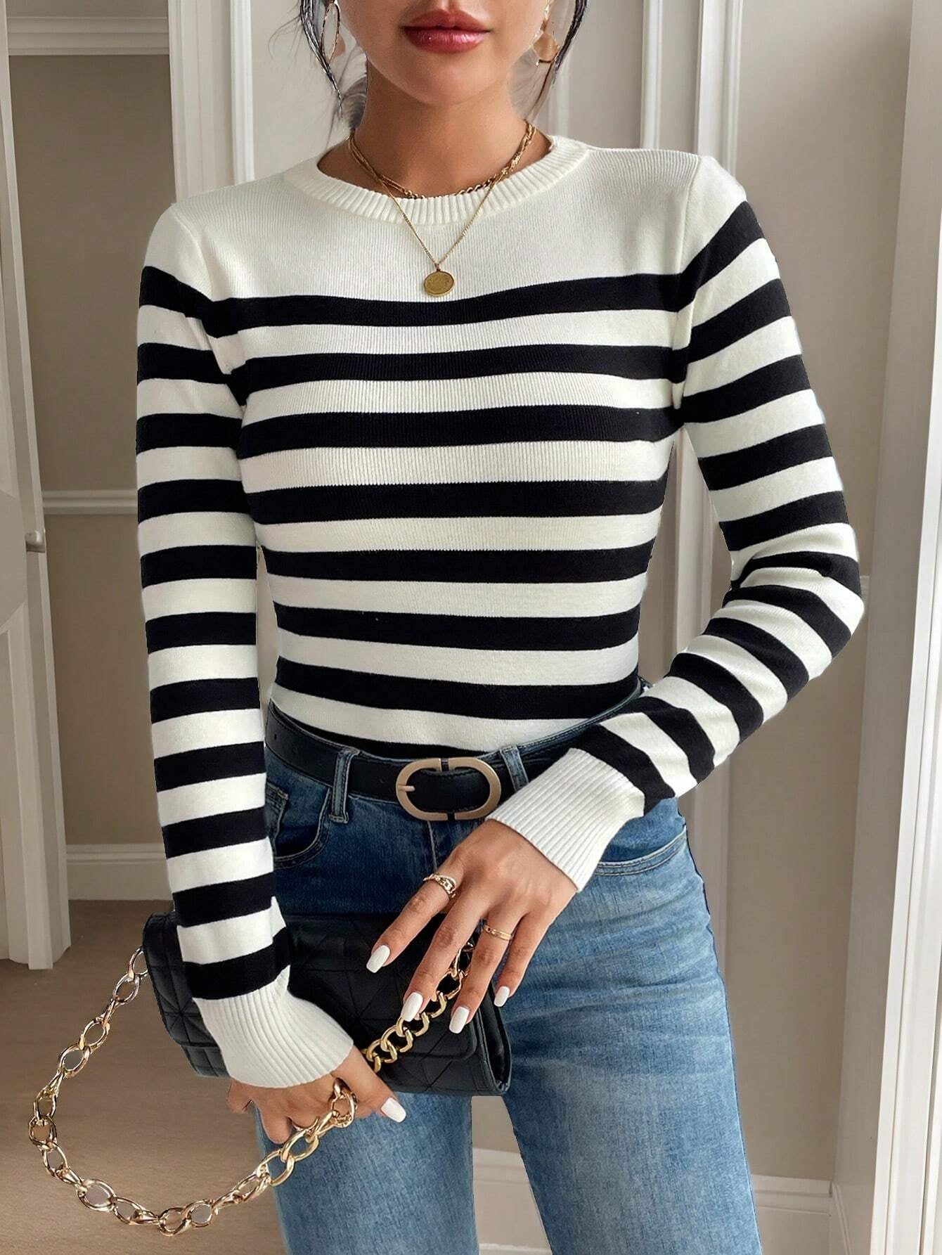 SHEIN Frenchy Striped Pattern Ribbed Knit Sweater,Long Sleeve Tops,Knitted Sweater in Fall/Winter Casual