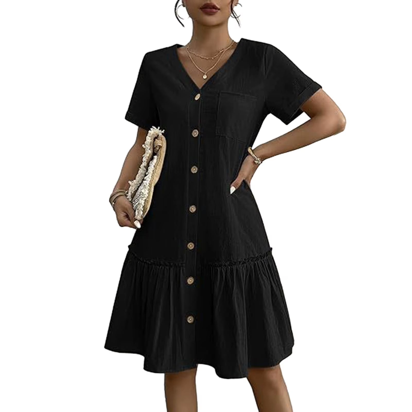 In Europe and the Spring and Summer Independent Stand V-Neck Button Small Broken Loose Women'S Leisure Dress with Short