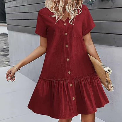 In Europe and the Spring and Summer Independent Stand V-Neck Button Small Broken Loose Women'S Leisure Dress with Short
