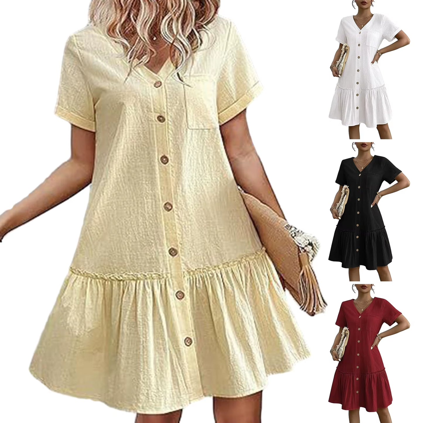 In Europe and the Spring and Summer Independent Stand V-Neck Button Small Broken Loose Women'S Leisure Dress with Short