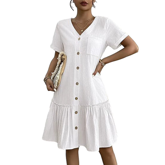 In Europe and the Spring and Summer Independent Stand V-Neck Button Small Broken Loose Women'S Leisure Dress with Short