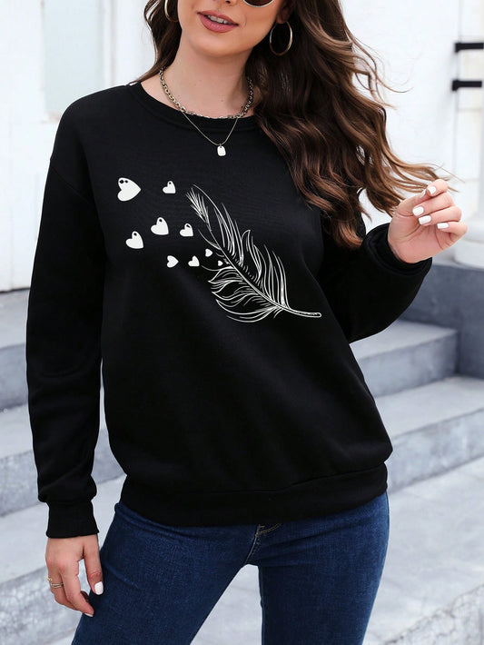 INAWLY Feather Print Drop Shoulder Sweatshirt,Long Sleeve Tops Pullover Fall Outfit