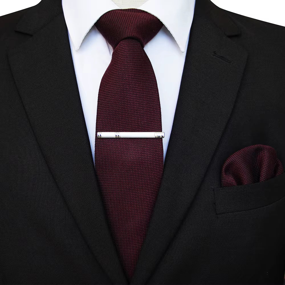 New Mens Wool Tie Solid Microfiber 8Cm Burgundy Neckties and Pocket Square Hanky Set Mens Wedding Party Gift