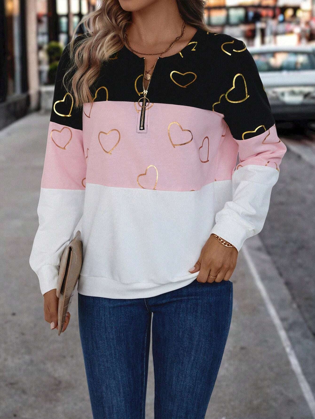 EMERY ROSE Heart Pattern Contrast Color Half Zip Sweatshirt