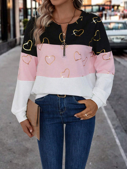 EMERY ROSE Heart Pattern Contrast Color Half Zip Sweatshirt