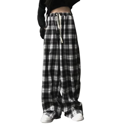 Harajuku Black and White Plaid Baggy Loose Trousers Women Summer Casual High Waist Wide Leg Oversized Pants Streetwear