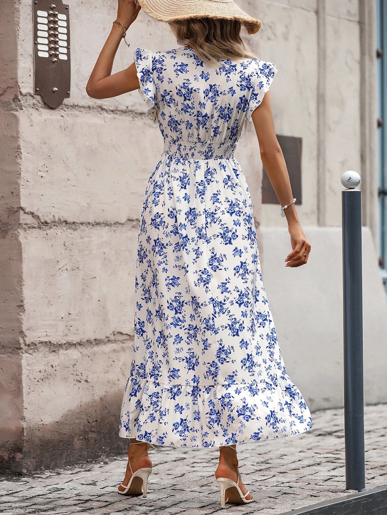 Breezaya Allover Floral Print Shirred Butterfly Sleeve Ruffle Trim Dress Maxi Vacation Beach Outfits Women