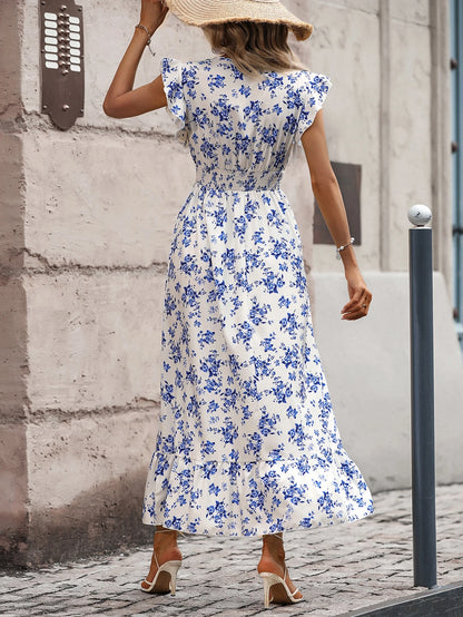 Breezaya Allover Floral Print Shirred Butterfly Sleeve Ruffle Trim Dress Maxi Vacation Beach Outfits Women