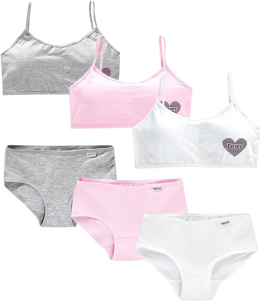 Girls’ Seamless Underwear Set - Training Bra and Matching Panties – Crop Cami Bralette and Briefs for 8-14 Age (6 Pcs) Type 1