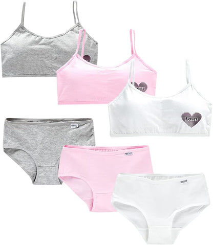 Girls’ Seamless Underwear Set - Training Bra and Matching Panties – Crop Cami Bralette and Briefs for 8-14 Age (6 Pcs) Type 1