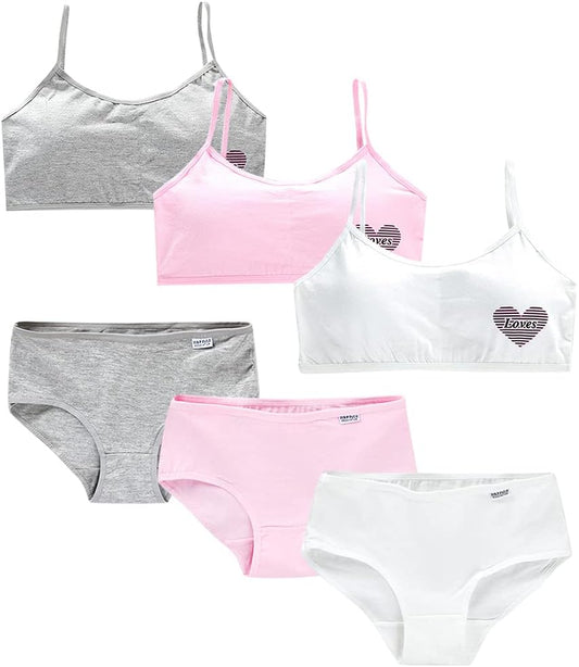 Girls’ Seamless Underwear Set - Training Bra and Matching Panties – Crop Cami Bralette and Briefs for 8-14 Age (6 Pcs) Type 1