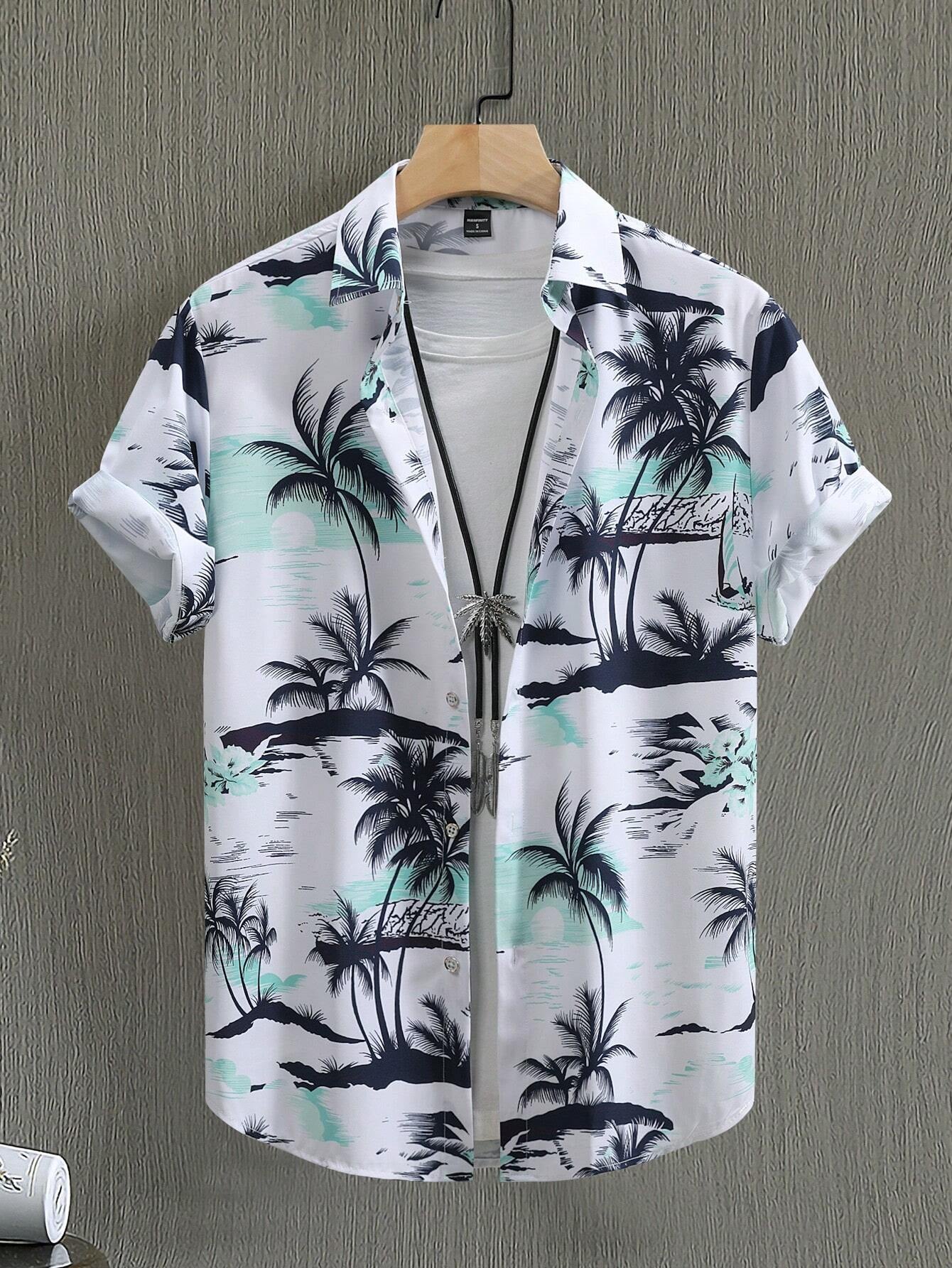 Manfinity RSRT Men Summer Holiday Style Casual Short Sleeve Shirt Palm Tree Print Baggy Button up Graphic Colorful Vacation Shirt