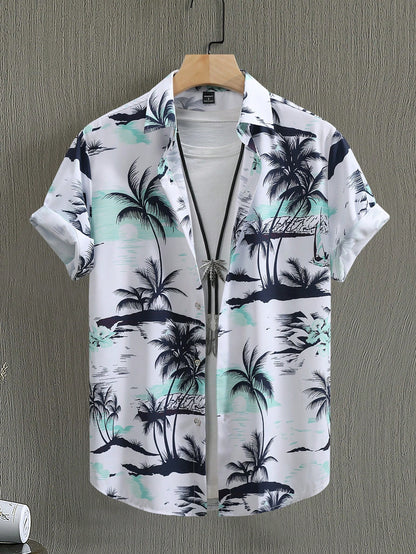 Manfinity RSRT Men Summer Holiday Style Casual Short Sleeve Shirt Palm Tree Print Baggy Button up Graphic Colorful Vacation Shirt