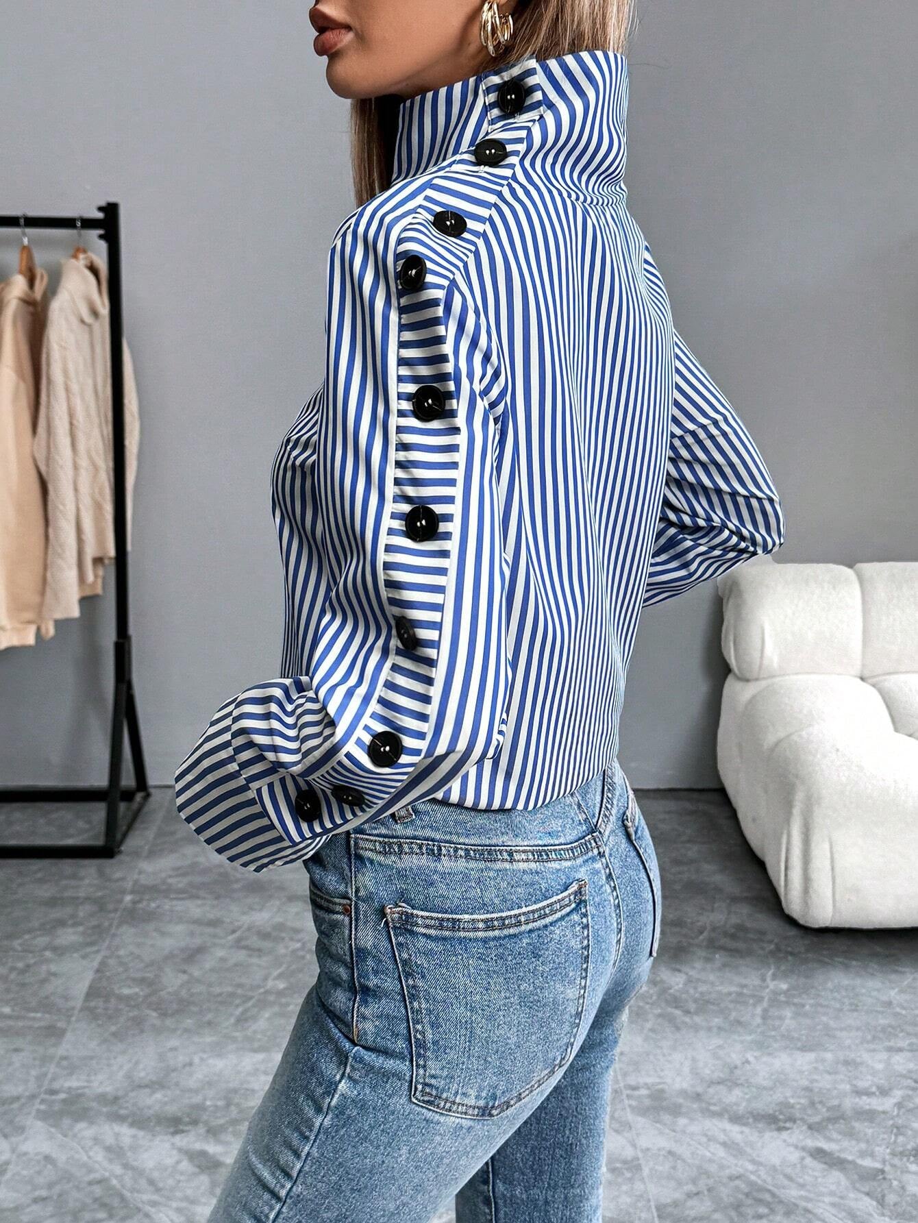 Chiquease Striped Casual Long Sleeve Turndown Collar Single-Breasted Blue Shirt Fall Cloth for Women