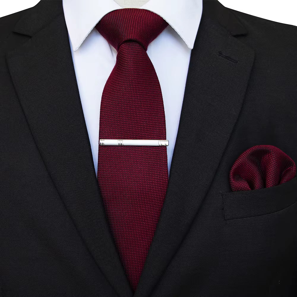 New Mens Wool Tie Solid Microfiber 8Cm Burgundy Neckties and Pocket Square Hanky Set Mens Wedding Party Gift