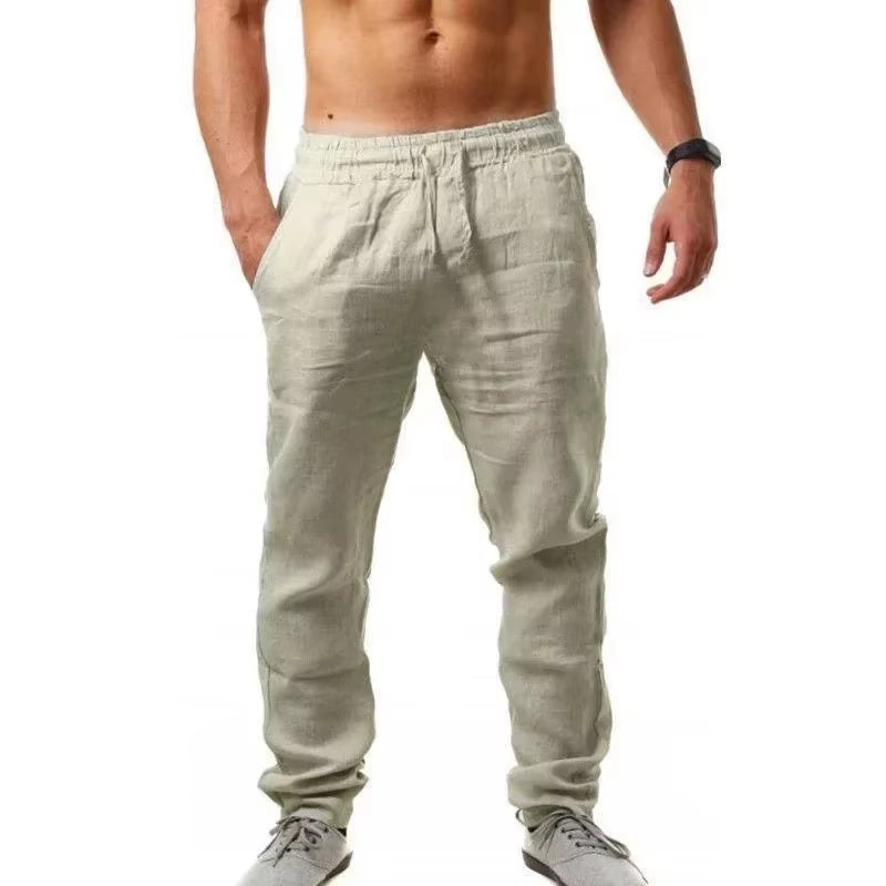New Men'S Cotton Linen Pants Male Autumn New Breathable Solid Color Linen Trousers Fitness Streetwear S-3XL
