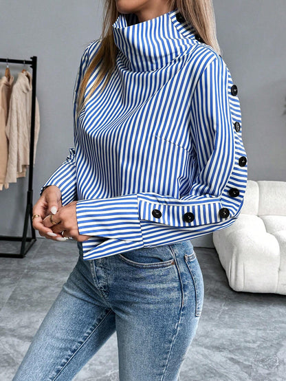 Chiquease Striped Casual Long Sleeve Turndown Collar Single-Breasted Blue Shirt Fall Cloth for Women