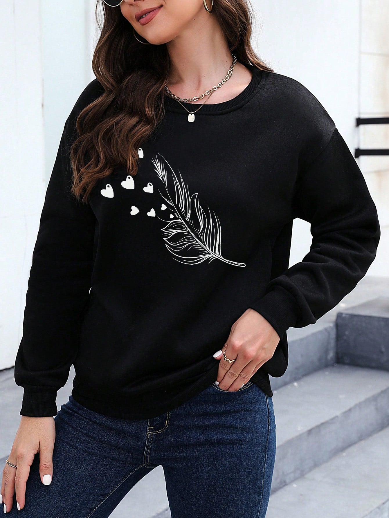 INAWLY Feather Print Drop Shoulder Sweatshirt,Long Sleeve Tops Pullover Fall Outfit