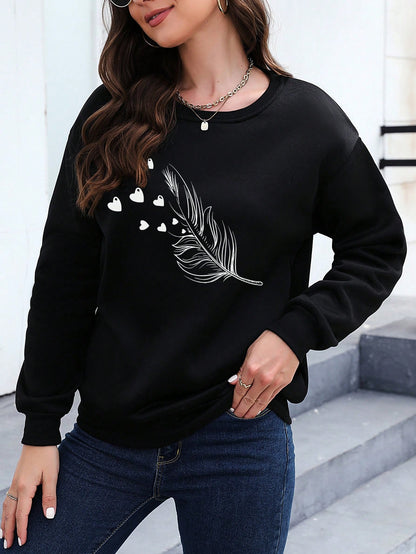 INAWLY Feather Print Drop Shoulder Sweatshirt,Long Sleeve Tops Pullover Fall Outfit