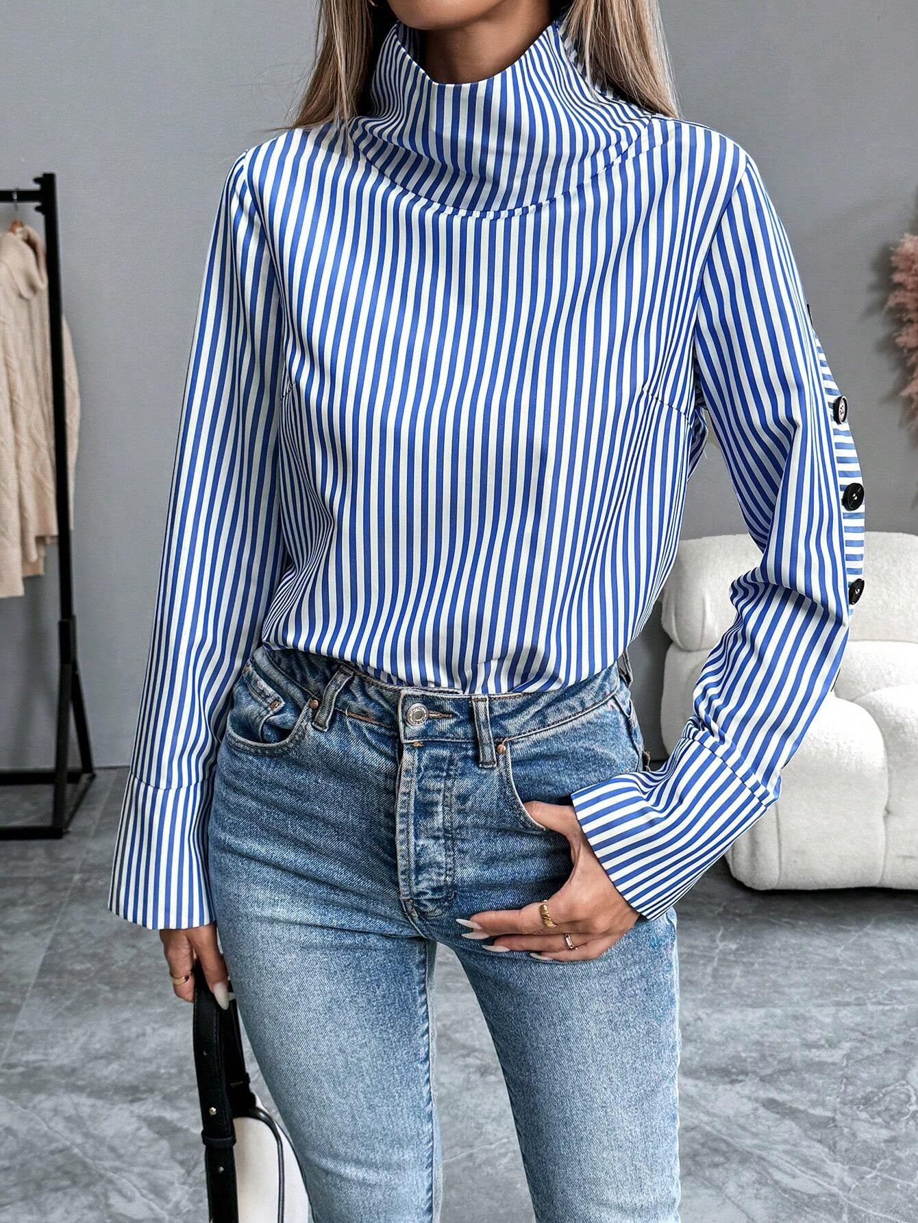 Chiquease Striped Casual Long Sleeve Turndown Collar Single-Breasted Blue Shirt Fall Cloth for Women
