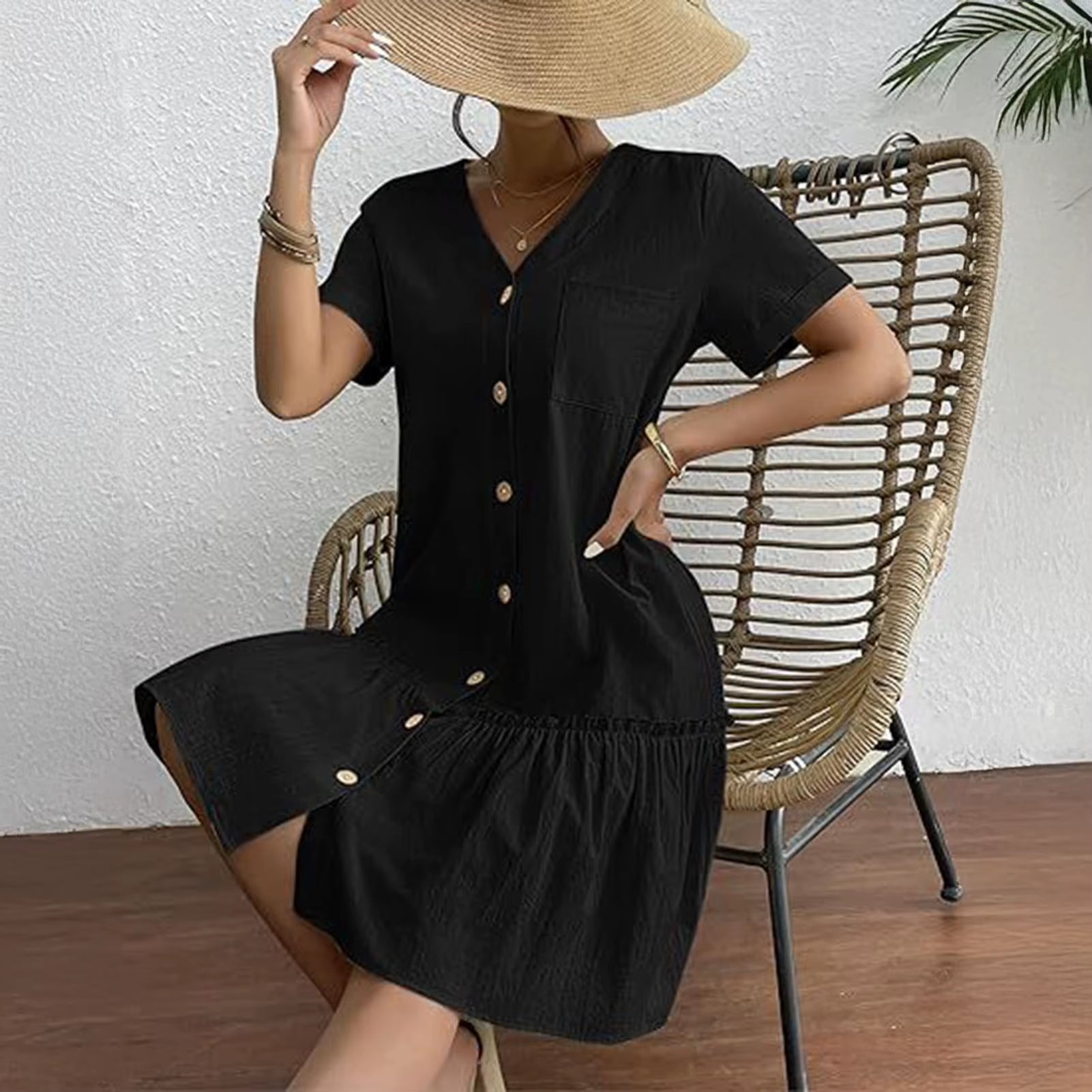 In Europe and the Spring and Summer Independent Stand V-Neck Button Small Broken Loose Women'S Leisure Dress with Short