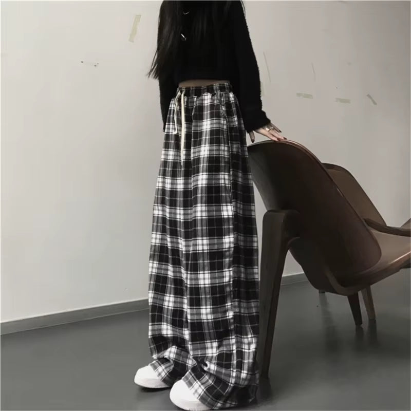 Harajuku Black and White Plaid Baggy Loose Trousers Women Summer Casual High Waist Wide Leg Oversized Pants Streetwear