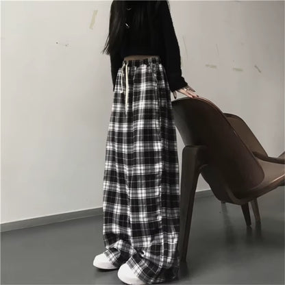 Harajuku Black and White Plaid Baggy Loose Trousers Women Summer Casual High Waist Wide Leg Oversized Pants Streetwear