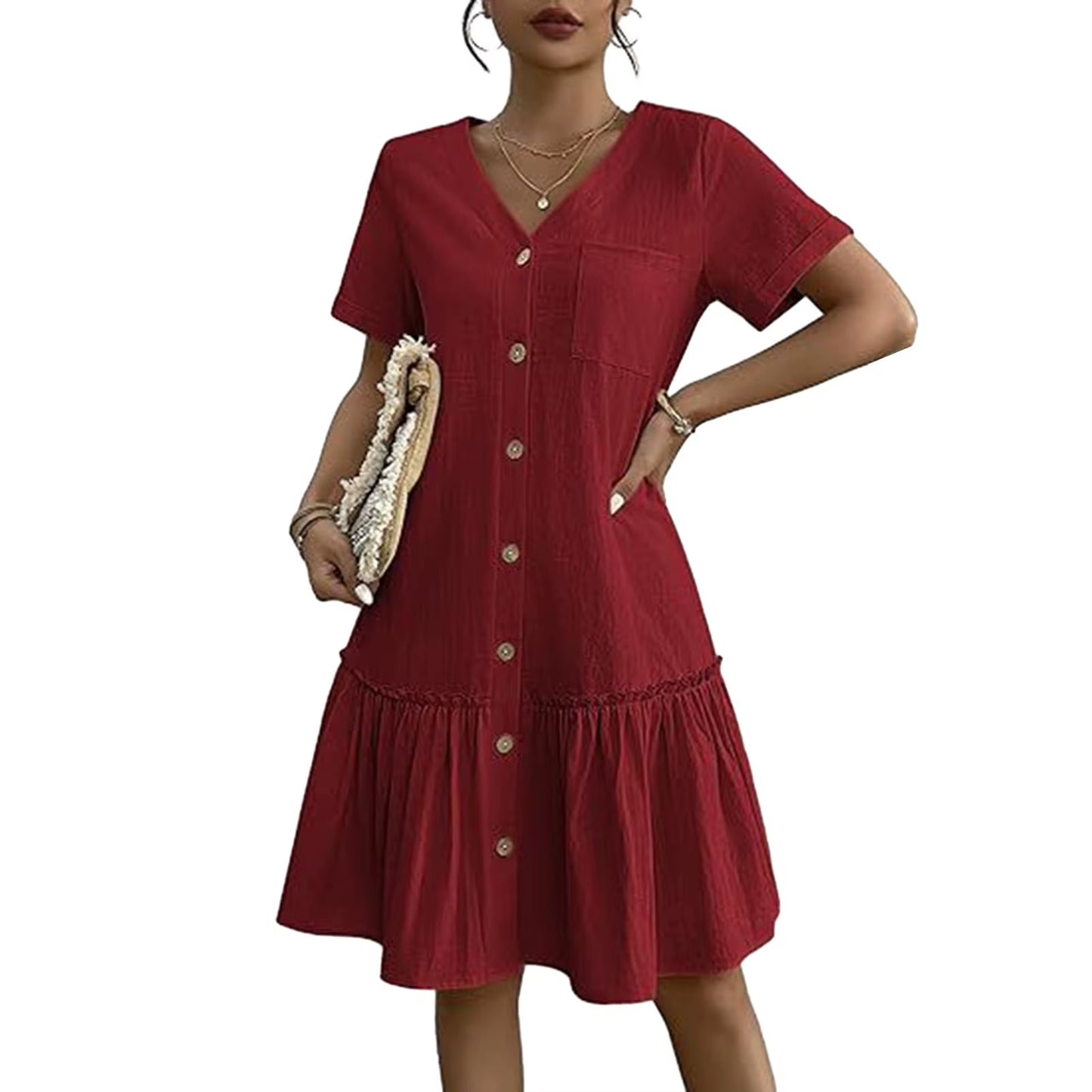 In Europe and the Spring and Summer Independent Stand V-Neck Button Small Broken Loose Women'S Leisure Dress with Short
