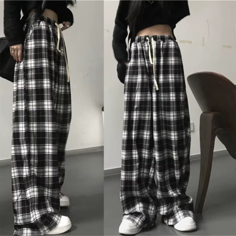 Harajuku Black and White Plaid Baggy Loose Trousers Women Summer Casual High Waist Wide Leg Oversized Pants Streetwear