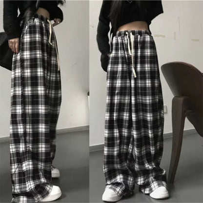 Harajuku Black and White Plaid Baggy Loose Trousers Women Summer Casual High Waist Wide Leg Oversized Pants Streetwear