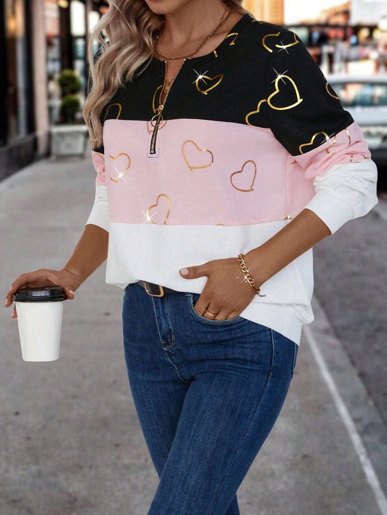 EMERY ROSE Heart Pattern Contrast Color Half Zip Sweatshirt