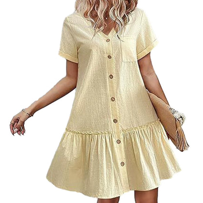 In Europe and the Spring and Summer Independent Stand V-Neck Button Small Broken Loose Women'S Leisure Dress with Short