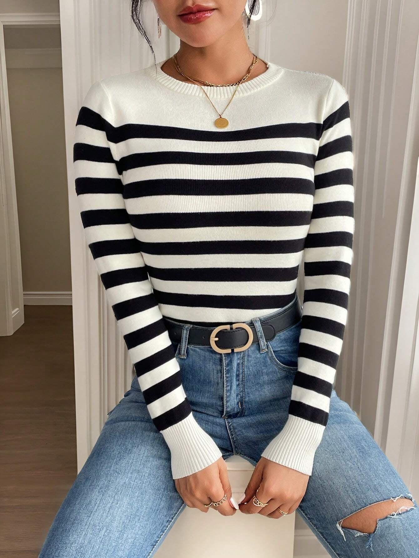 SHEIN Frenchy Striped Pattern Ribbed Knit Sweater,Long Sleeve Tops,Knitted Sweater in Fall/Winter Casual