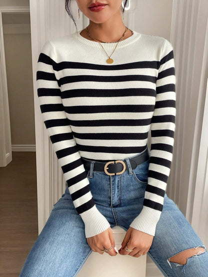 SHEIN Frenchy Striped Pattern Ribbed Knit Sweater,Long Sleeve Tops,Knitted Sweater in Fall/Winter Casual