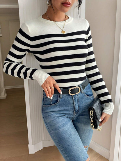 SHEIN Frenchy Striped Pattern Ribbed Knit Sweater,Long Sleeve Tops,Knitted Sweater in Fall/Winter Casual