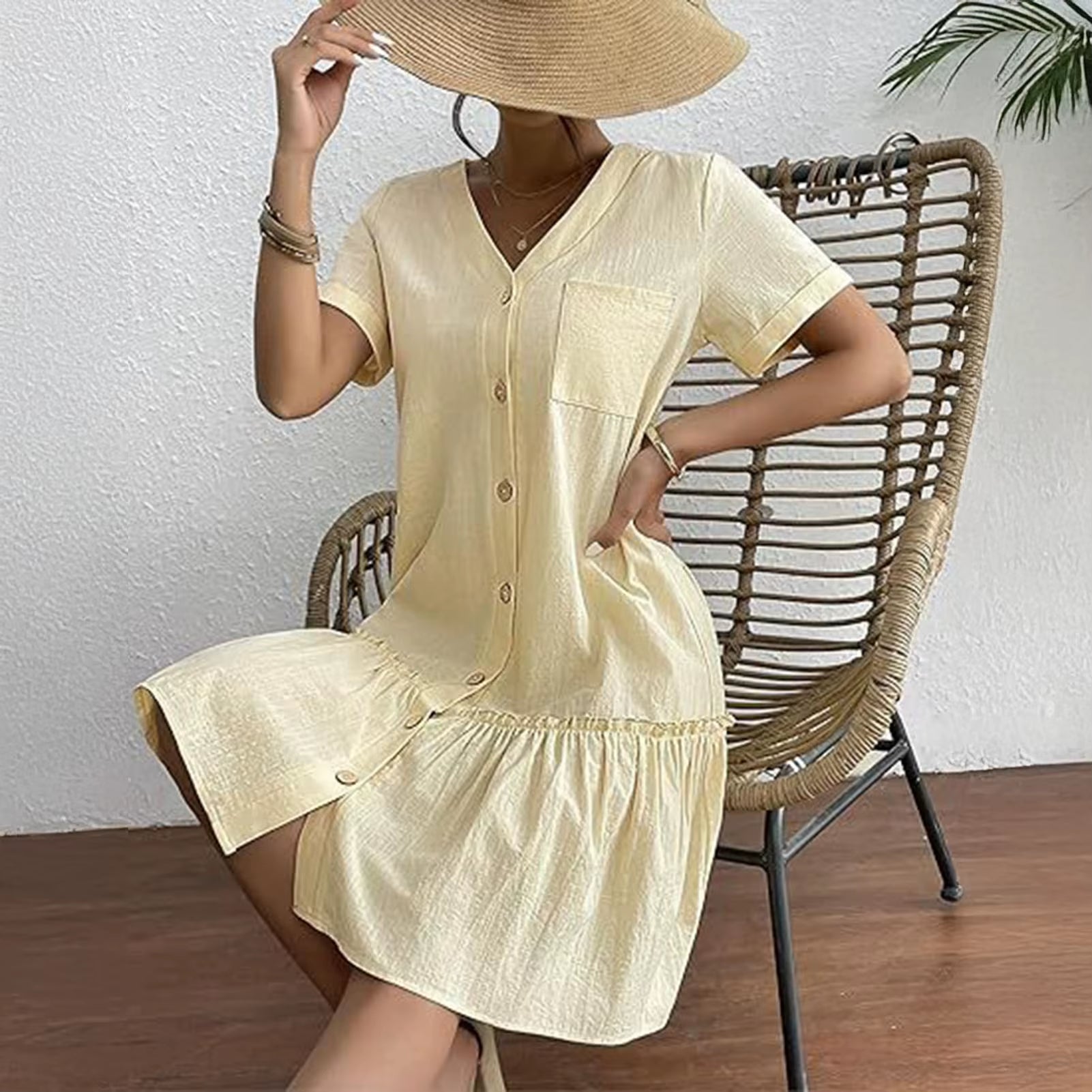 In Europe and the Spring and Summer Independent Stand V-Neck Button Small Broken Loose Women'S Leisure Dress with Short