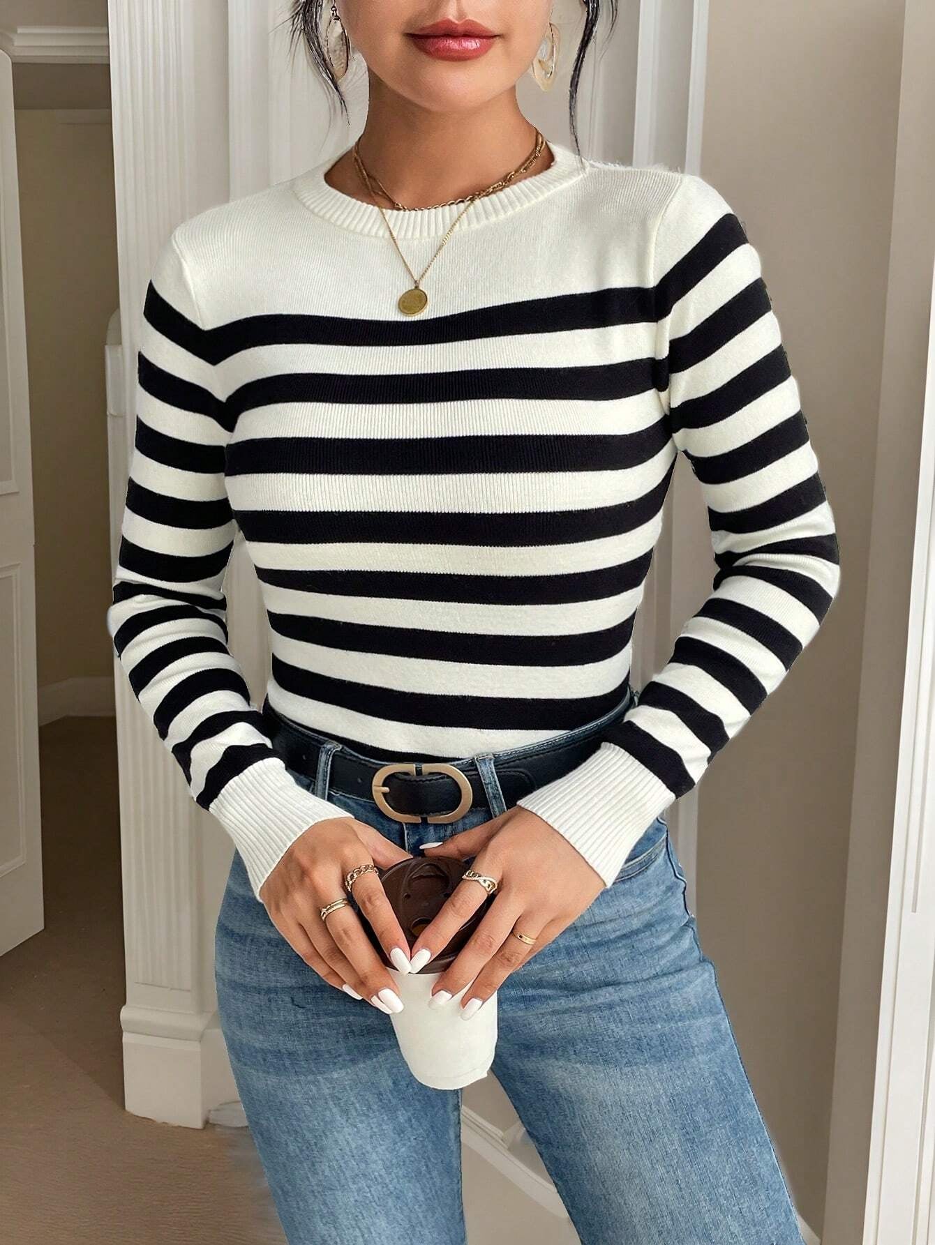 SHEIN Frenchy Striped Pattern Ribbed Knit Sweater,Long Sleeve Tops,Knitted Sweater in Fall/Winter Casual